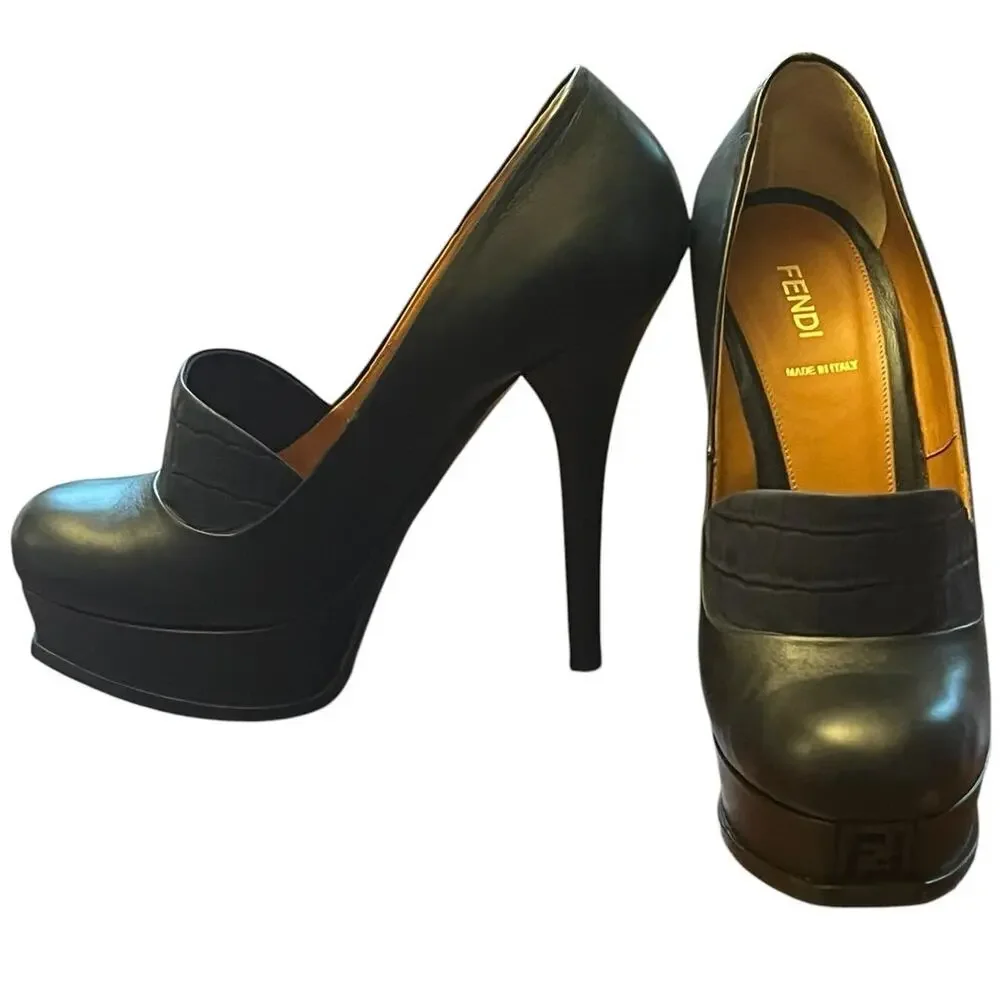 Fendi Black Leather Crocodile Embossed Platform Loafer Pumps Heels Size 39 Italy